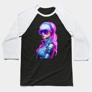 Cyberpunk Futuristic Neon Woman with Pink Visor Shades Graphic Baseball T-Shirt